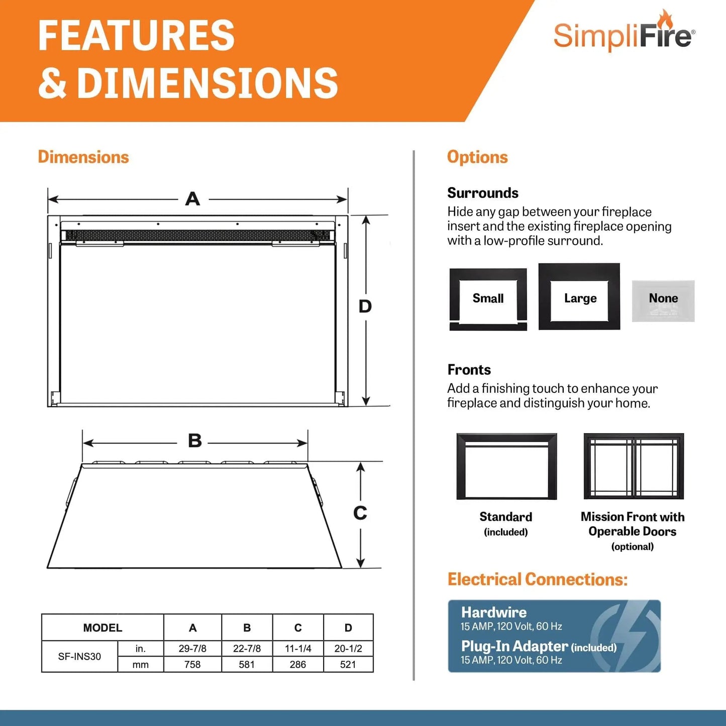 SimpliFire Built-In Electric Fireplace Insert 30-In SF30