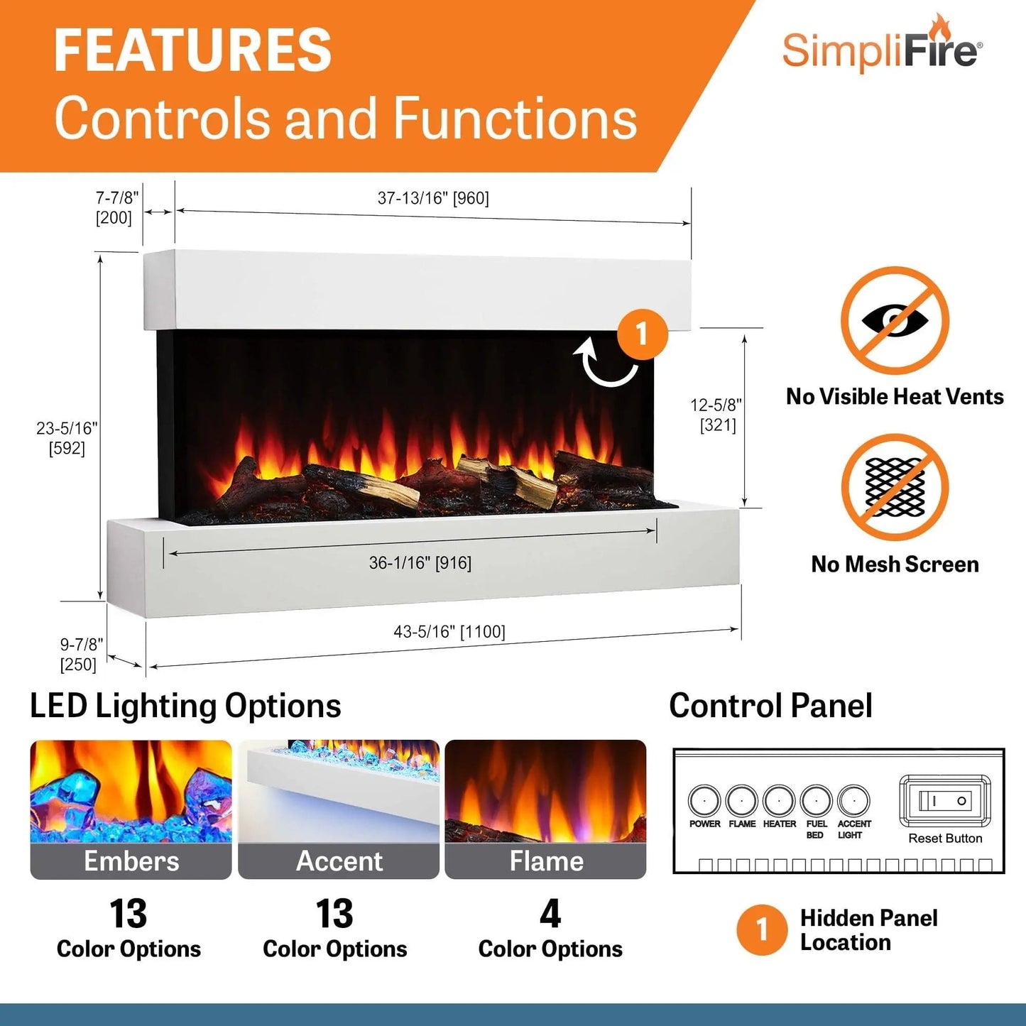 SimpliFire Wall Mount Electric Fireplace Format Floating Mantel SimpliFireFormatFMWM100