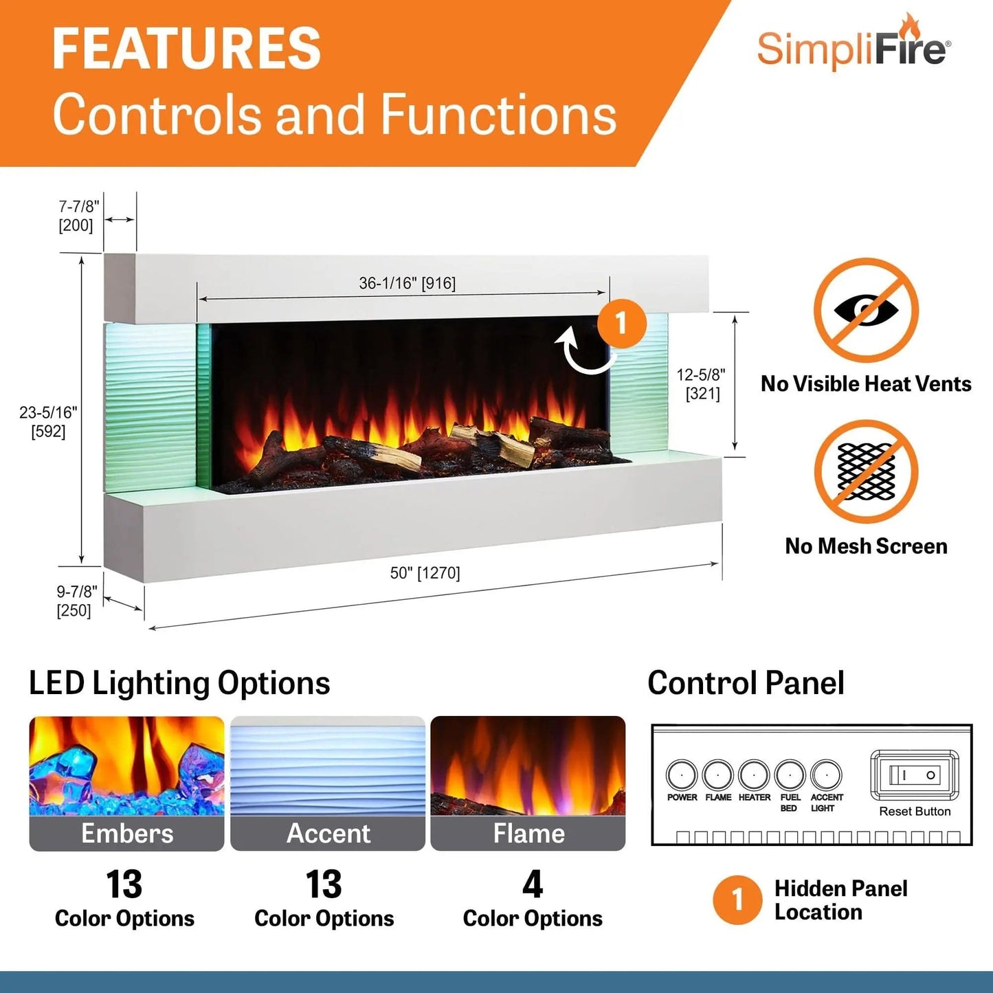 SimpliFire Wall Mount Electric Fireplace Format Floating Mantel SimpliFireFormatFMWM100