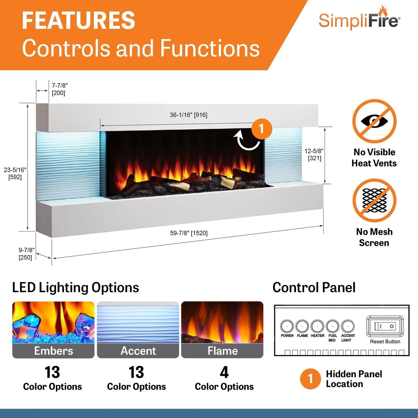 SimpliFire Wall Mount Electric Fireplace Format Floating Mantel SimpliFireFormatFMWM100