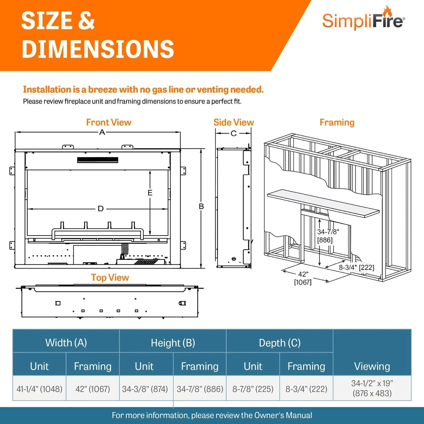 SimpliFire Built-In Electric Fireplace Inception 36-in Chateau Forge SF-36CF