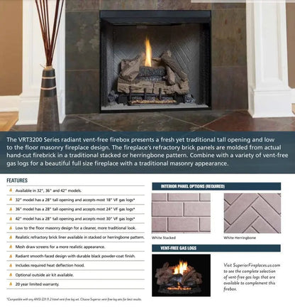 Superior Gas Fireplace VRT3200 28-Inch Tall Opening Vent-Free Refractory Liner VRT3200