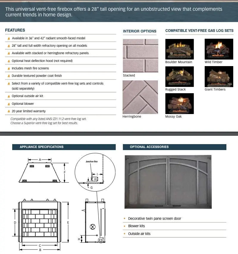 Superior Gas Fireplace VRT3500 28-Inch Tall Opening Vent-Free Refractory Liner VRT3500