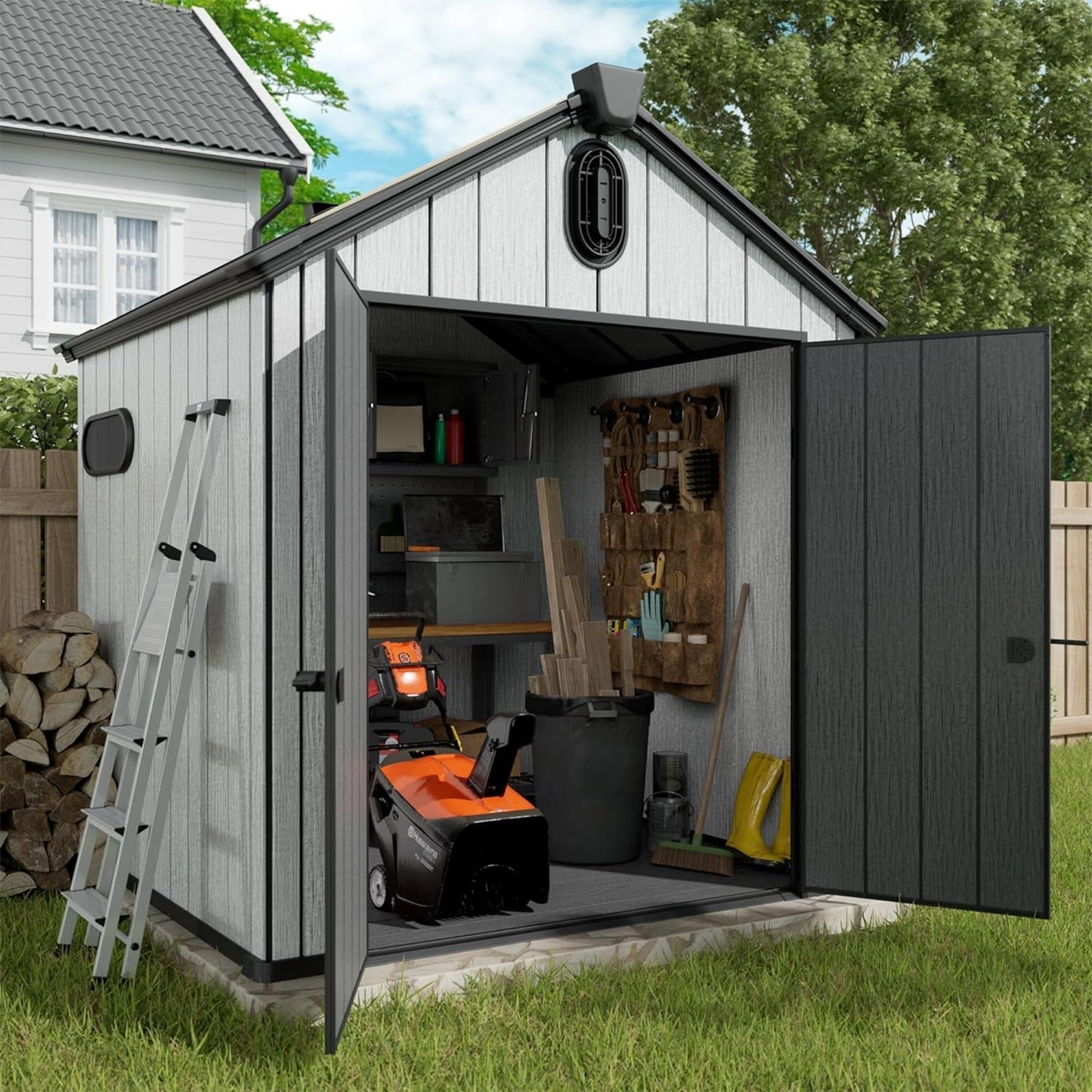 6X6 FT Outdoor Resin Storage Shed, All Weather Resistant Plastic Shed W/Air Vents & Window, Floor & Lockable Door, Waterproof Outdoor Shed for Bike, Garbage Cans, Tools (Black & Grey)