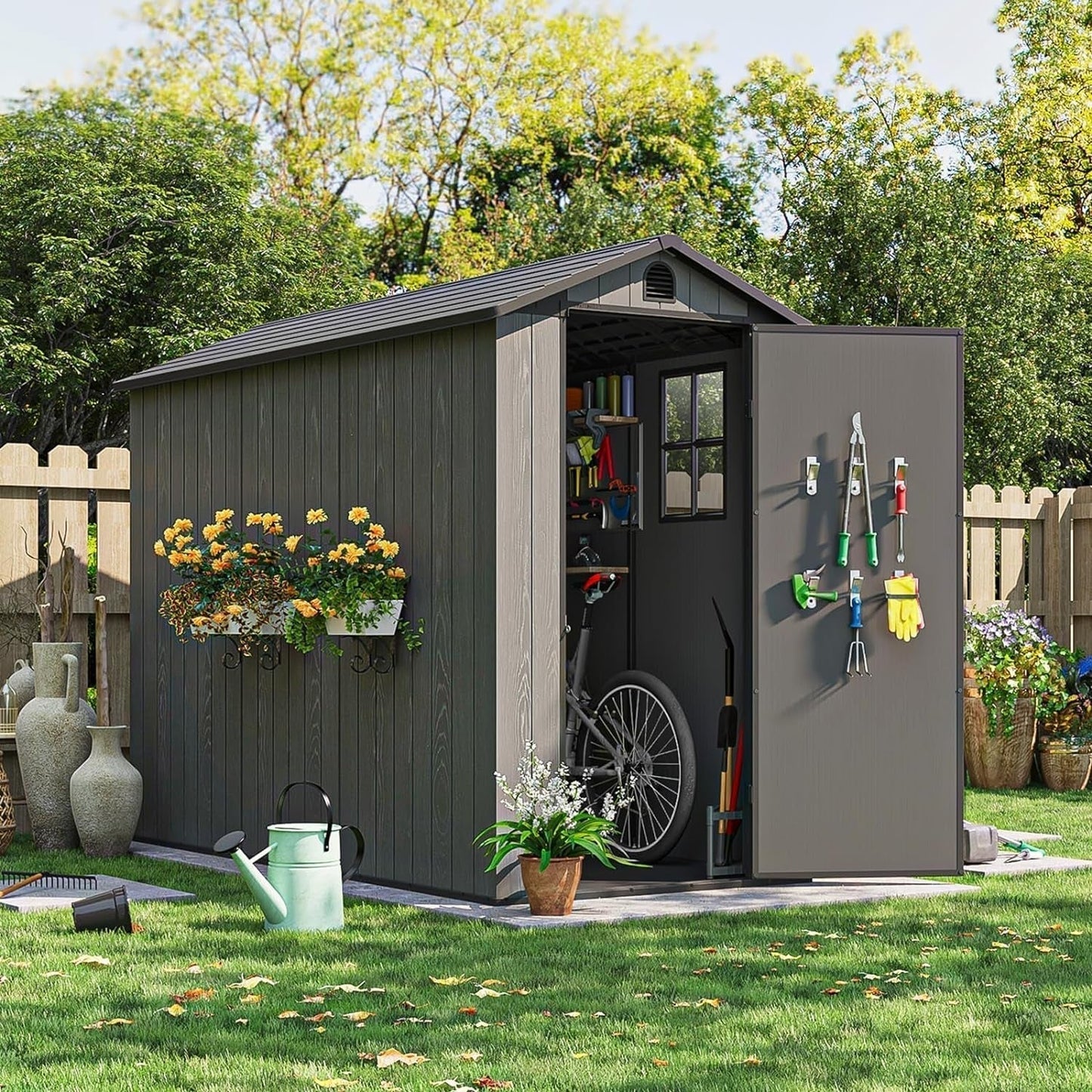 4X8 FT Plastic Outdoor Storage Shed with Floor, Resin outside Shed with Windows and Lockable Door for Backyard Garden Patio Lawn, Easy Installation, Gray (Fit-It Shed)
