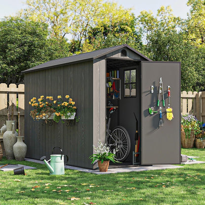 4X8 FT Plastic Outdoor Storage Shed with Floor, Resin outside Shed with Windows and Lockable Door for Backyard Garden Patio Lawn, Easy Installation, Gray (Fit-It Shed)