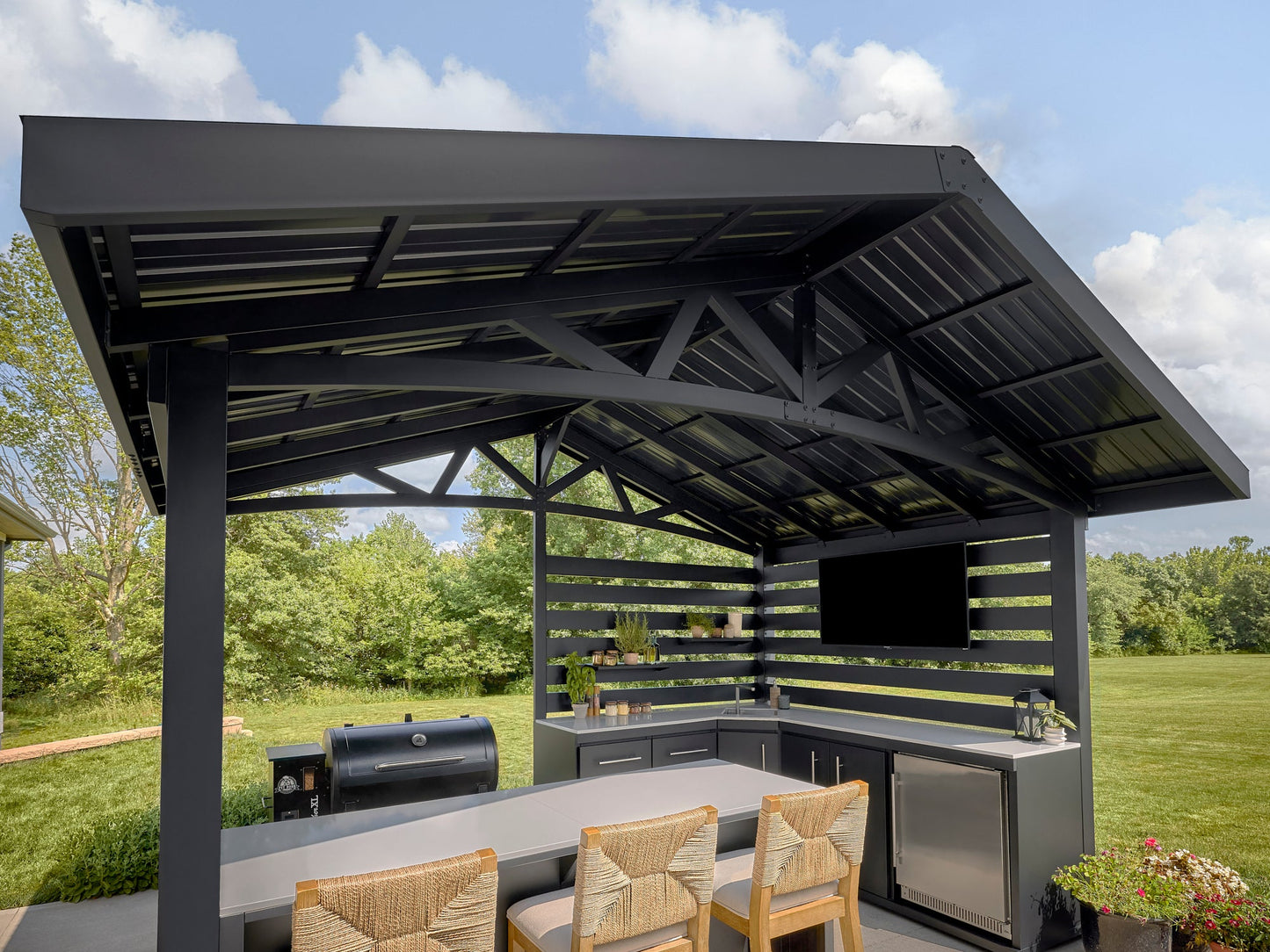 Langston | Covered Appliance-Ready Outdoor Kitchen with Refrigerator & Sink