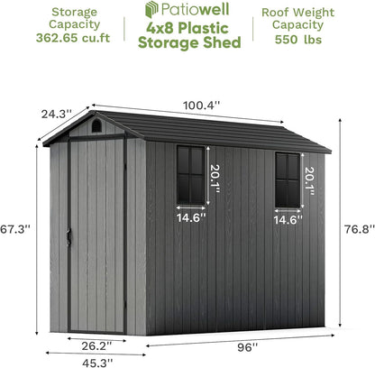 4X8 FT Plastic Outdoor Storage Shed with Floor, Resin outside Shed with Windows and Lockable Door for Backyard Garden Patio Lawn, Easy Installation, Gray (Fit-It Shed)