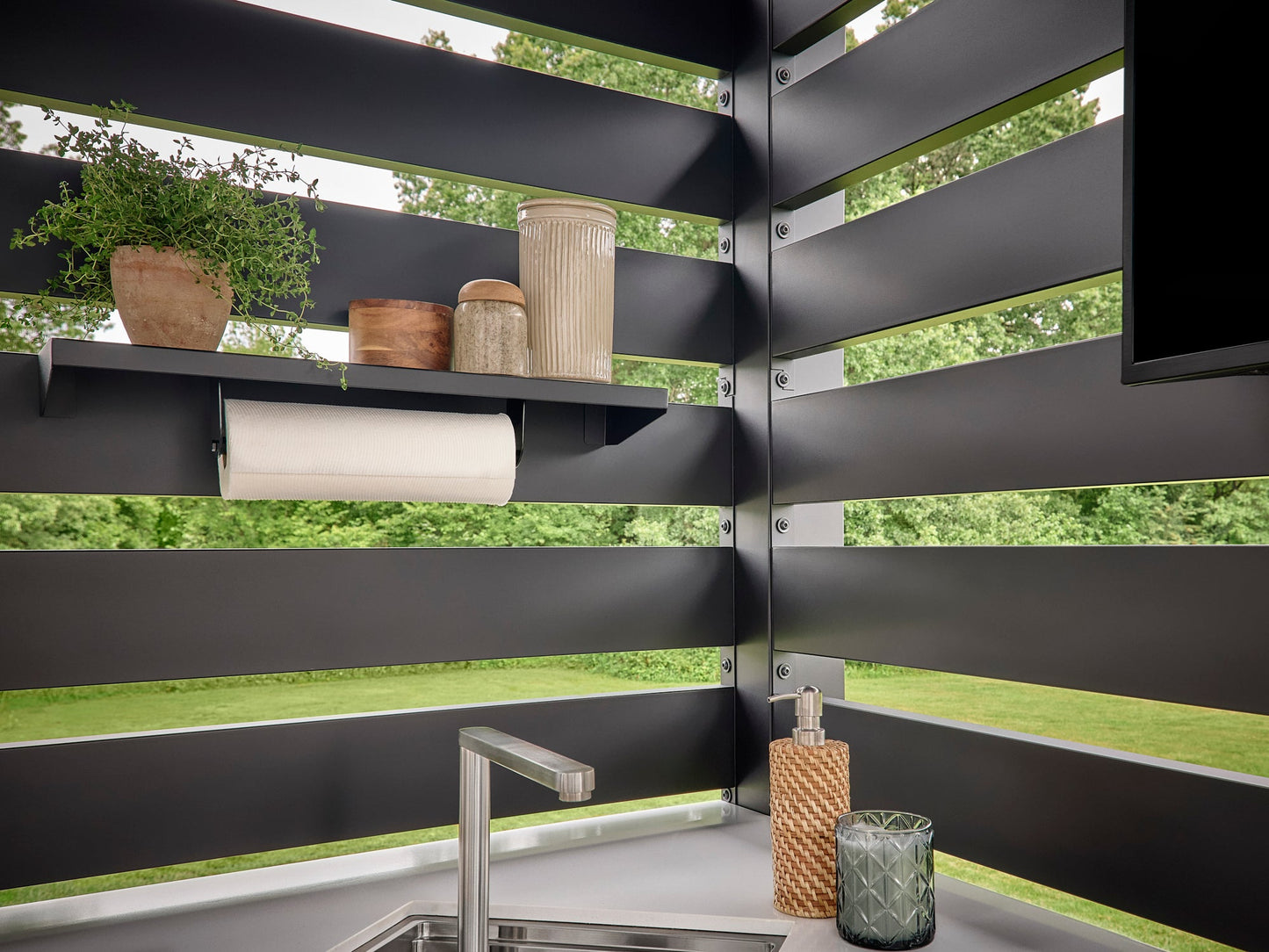 Langston | Covered Appliance-Ready Outdoor Kitchen with Refrigerator & Sink