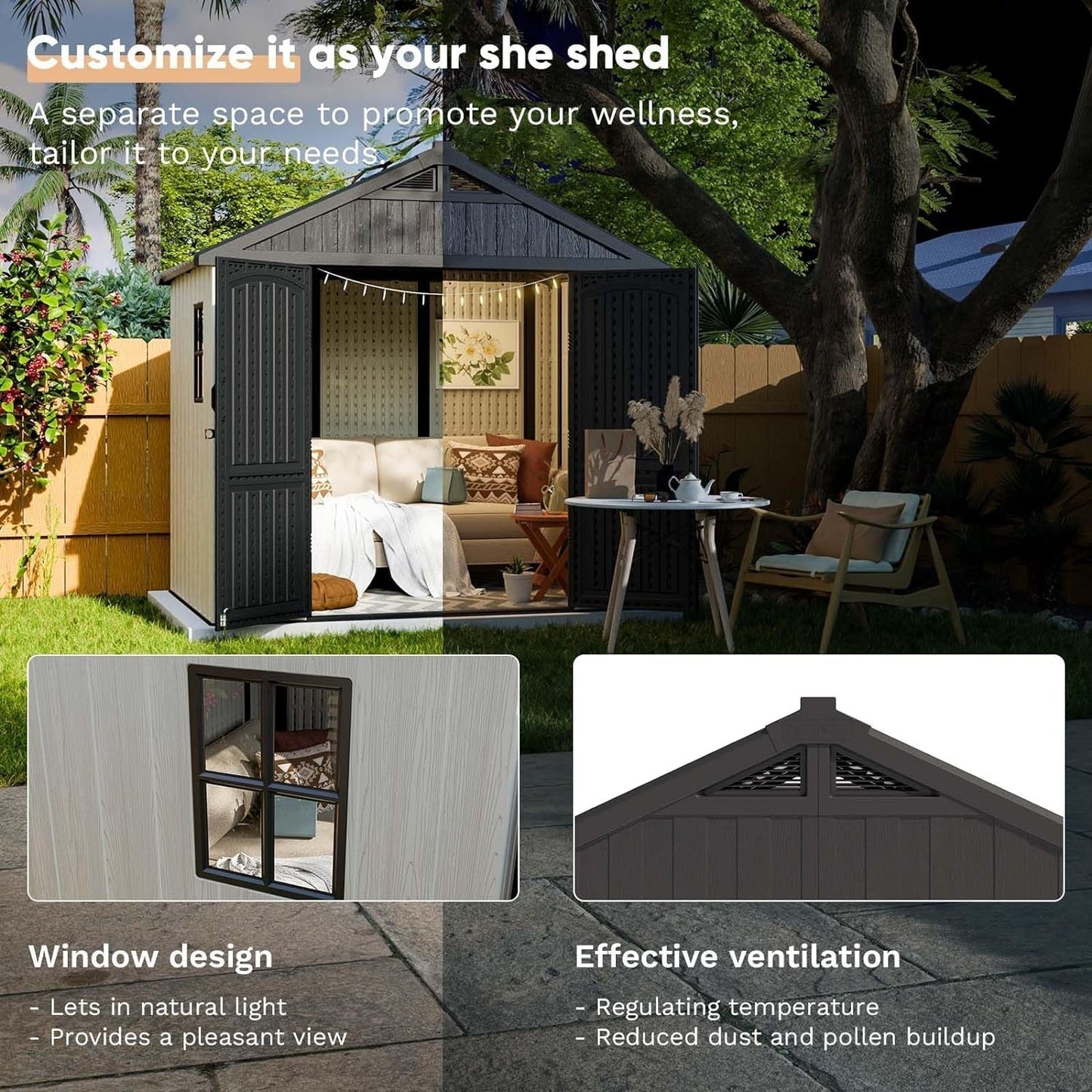 8' X 6' Plastic Outdoor Storage Shed with Floor, Resin Shed with Window and Lockable Door for Garden, Backyard, Tool Storage Use, Easy to Install in Gray and White (Kick-It Shed)