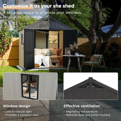 8' X 6' Plastic Outdoor Storage Shed with Floor, Resin Shed with Window and Lockable Door for Garden, Backyard, Tool Storage Use, Easy to Install in Gray and White (Kick-It Shed)