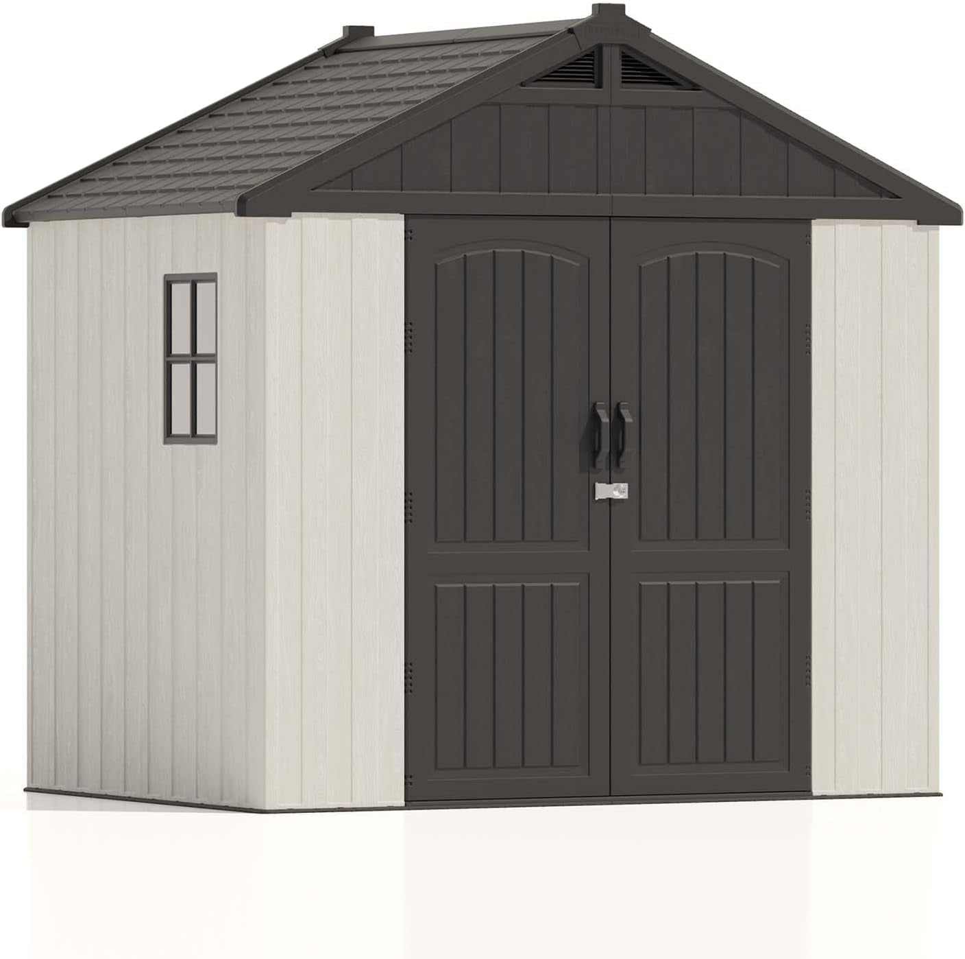 8' X 6' Plastic Outdoor Storage Shed with Floor, Resin Shed with Window and Lockable Door for Garden, Backyard, Tool Storage Use, Easy to Install in Gray and White (Kick-It Shed)