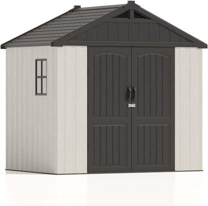 8' X 6' Plastic Outdoor Storage Shed with Floor, Resin Shed with Window and Lockable Door for Garden, Backyard, Tool Storage Use, Easy to Install in Gray and White (Kick-It Shed)