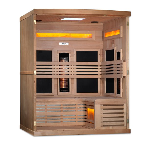 Golden Designs 3-Person Full Spectrum PureTech™ Near Zero EMF Infrared Sauna with Himalayan Salt Bar | Model: GDI-8230-01