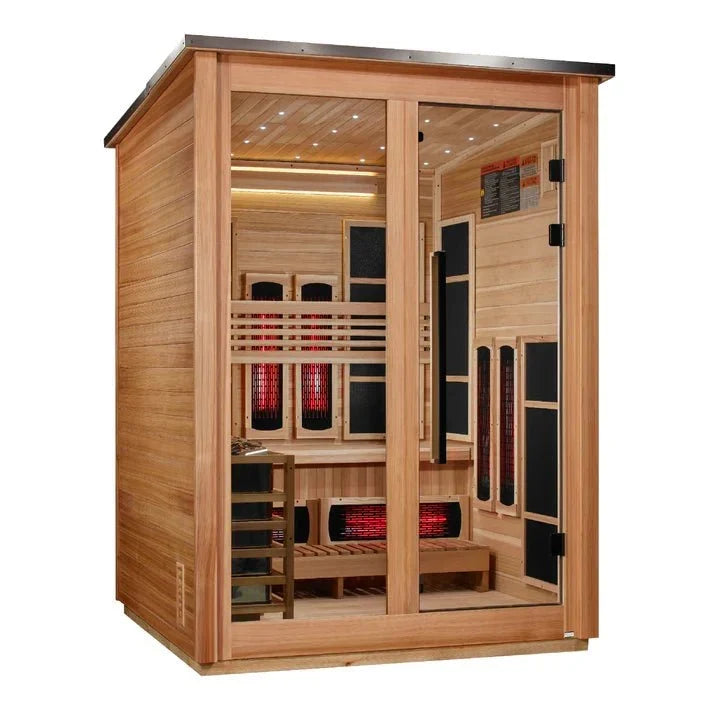 Golden Designs "Loviisa Pacific Cedar" 3-Person Outdoor PureTech™ Full Spectrum Hybrid Sauna — Flat Roof (2026 Model) | GDI-8523-02