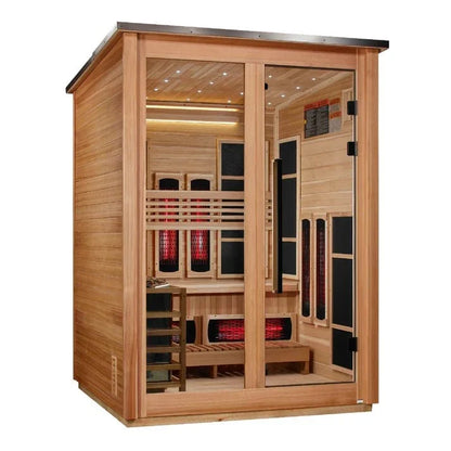 Golden Designs "Loviisa Pacific Cedar" 3-Person Outdoor PureTech™ Full Spectrum Hybrid Sauna — Flat Roof (2026 Model) | GDI-8523-02