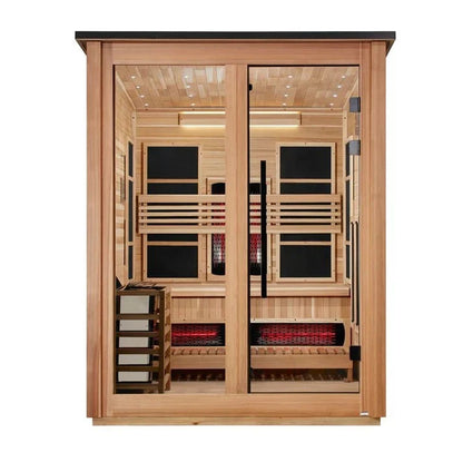 Golden Designs "Loviisa Pacific Cedar" 3-Person Outdoor PureTech™ Full Spectrum Hybrid Sauna — Flat Roof (2026 Model) | GDI-8523-02