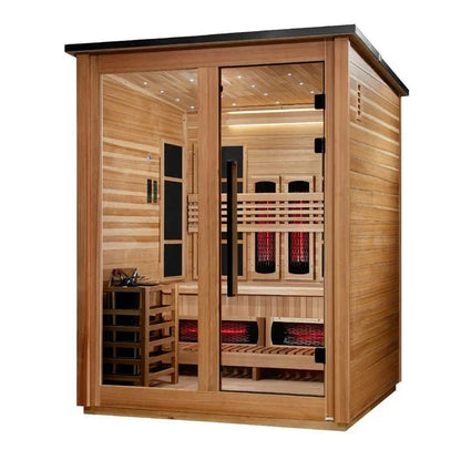 Golden Designs "Loviisa Pacific Cedar" 3-Person Outdoor PureTech™ Full Spectrum Hybrid Sauna — Flat Roof (2026 Model) | GDI-8523-02
