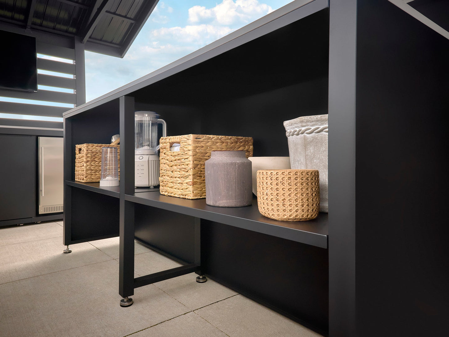 Langston | Covered Appliance-Ready Outdoor Kitchen with Refrigerator & Sink