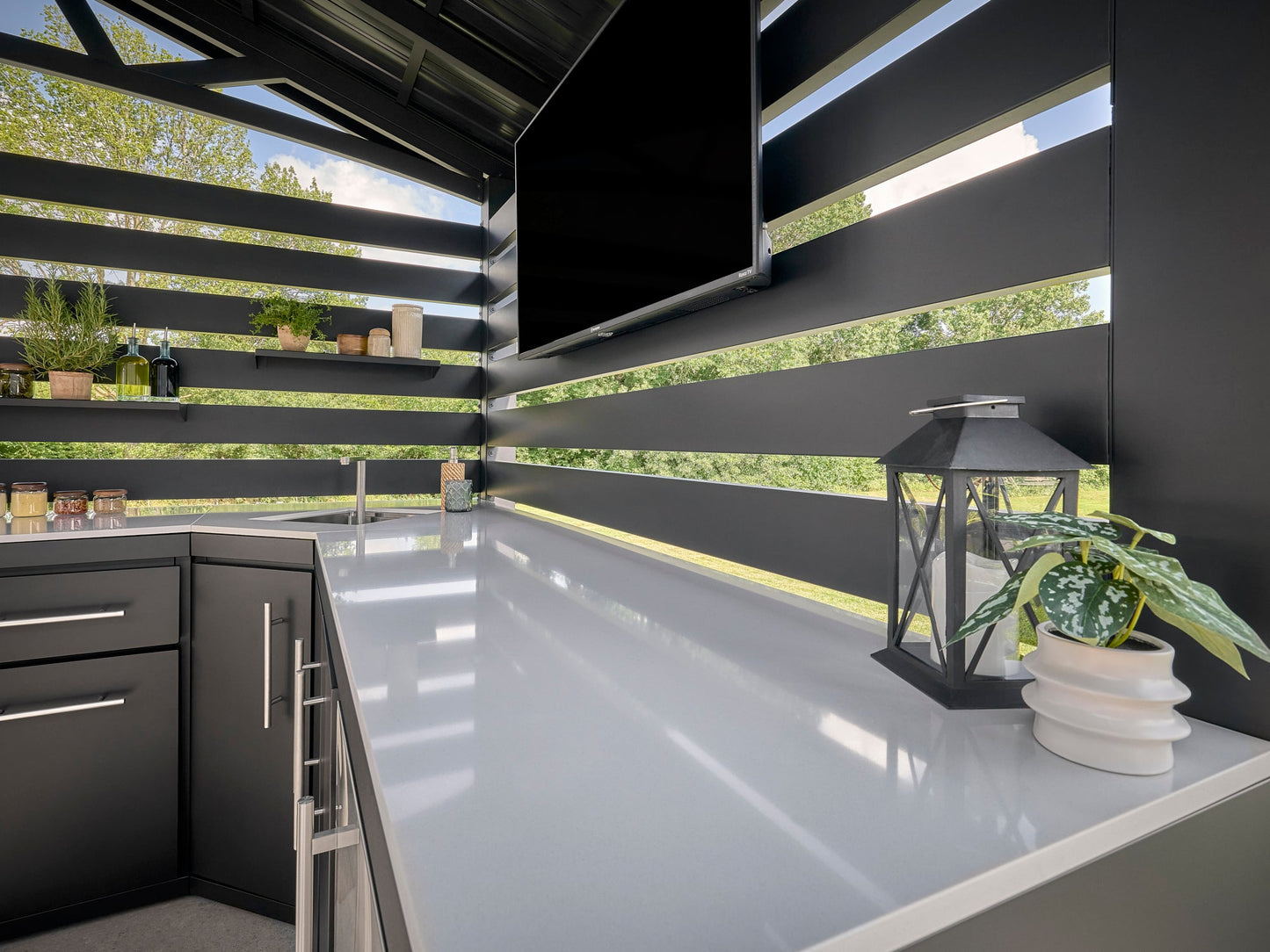 Langston | Covered Appliance-Ready Outdoor Kitchen with Refrigerator & Sink