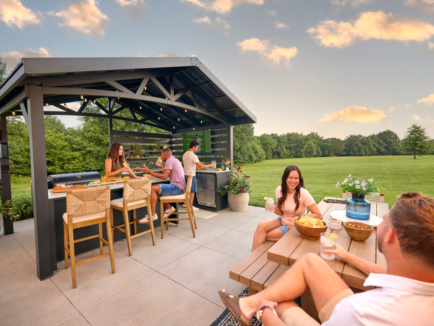 Langston | Covered Appliance-Ready Outdoor Kitchen with Refrigerator & Sink