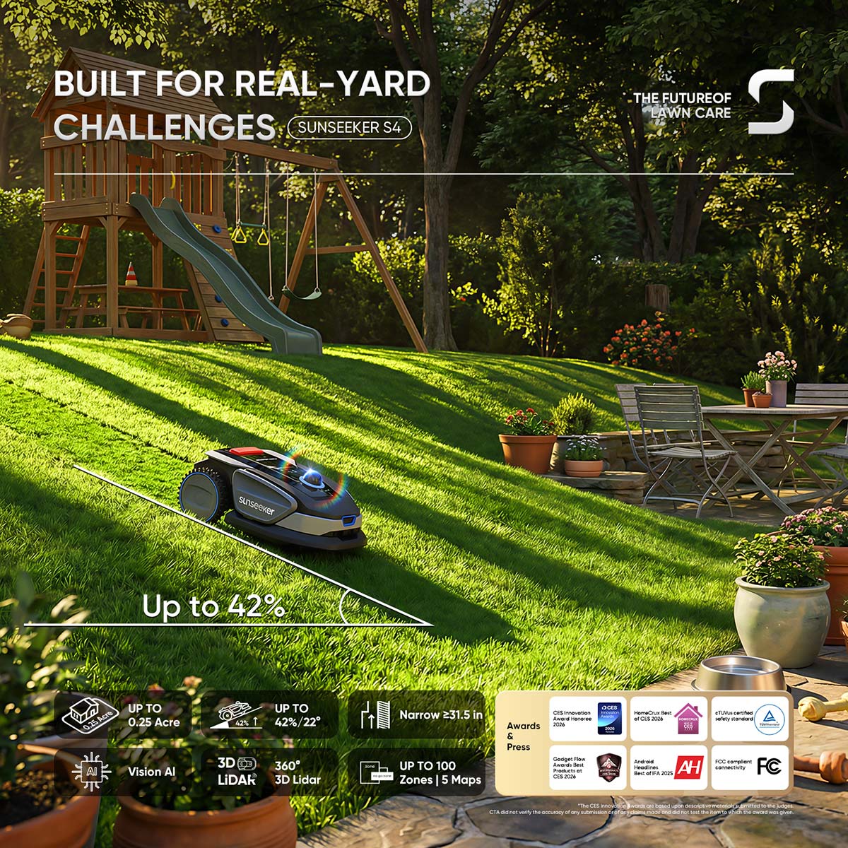 Sunseeker S4 Premium Bundle: Robot Mower with Garage & Blades Kit, No Boundary Wires