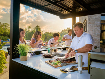 Edgemont Bay | U-Shape Outdoor Kitchen with Bar Seating, Grill & Pizza Oven
