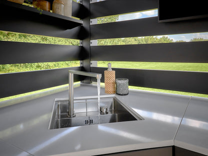 Langston | Covered Appliance-Ready Outdoor Kitchen with Refrigerator & Sink