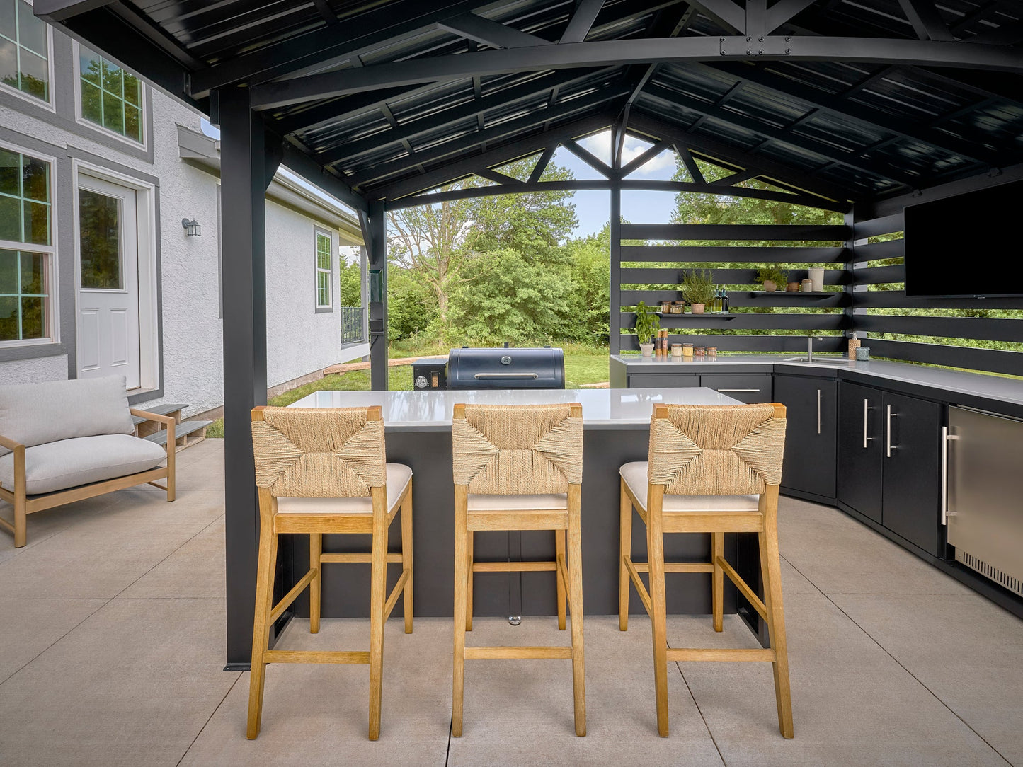 Langston | Covered Appliance-Ready Outdoor Kitchen with Refrigerator & Sink